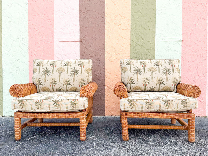 Pair of Coastal Rattan Lounge Chairs