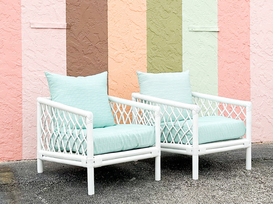 Pair of Palm Beach Style Rattan Lounge Chairs