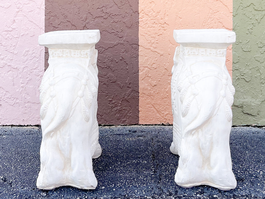 Pair of Plaster Trunks Up White Elephants