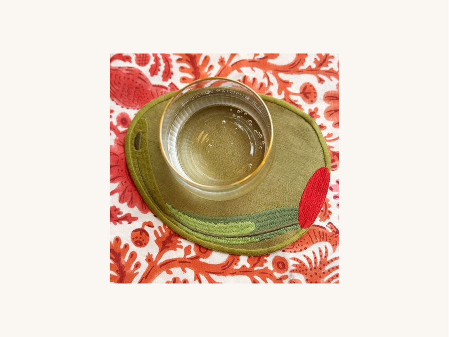 Set of Four Olive Linen Cocktail Napkins