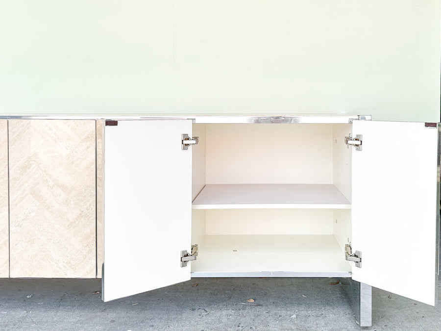 Chrome and Herringbone Travertine Credenza