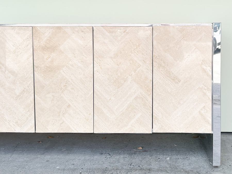 Chrome and Herringbone Travertine Credenza