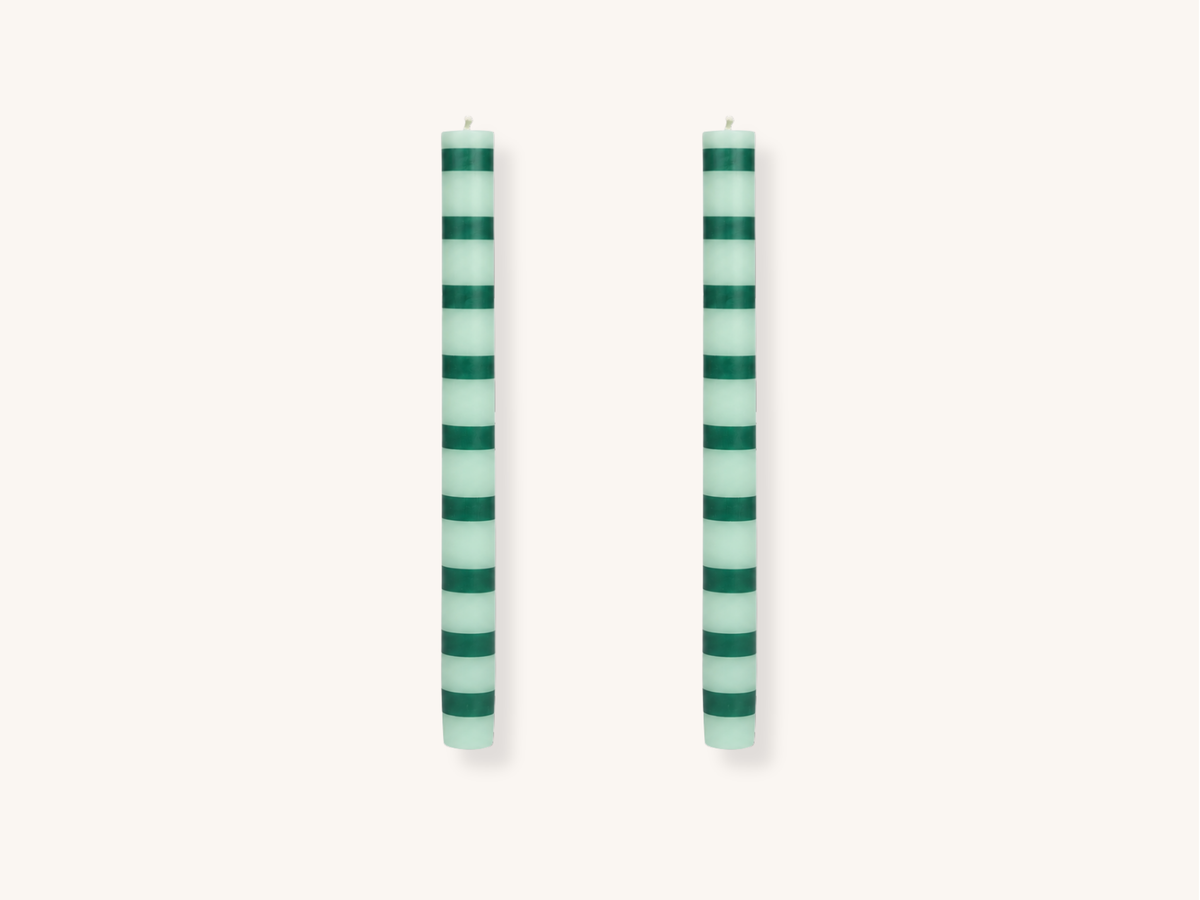 Pair of Green Stripe Taper Candles