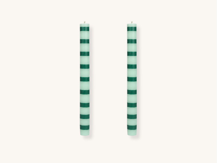 Pair of Green Stripe Taper Candles