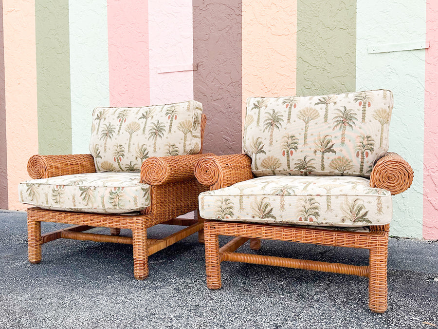 Pair of Coastal Rattan Lounge Chairs