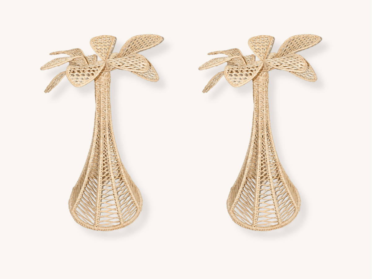 Pair of Raffia Palm Tree Candle Holders