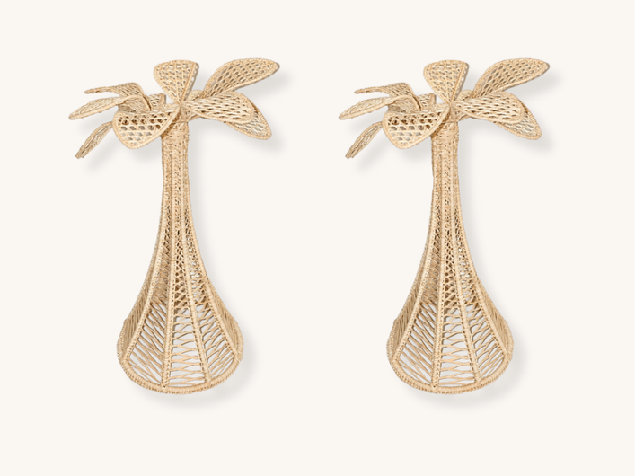 Pair of Raffia Palm Tree Candle Holders