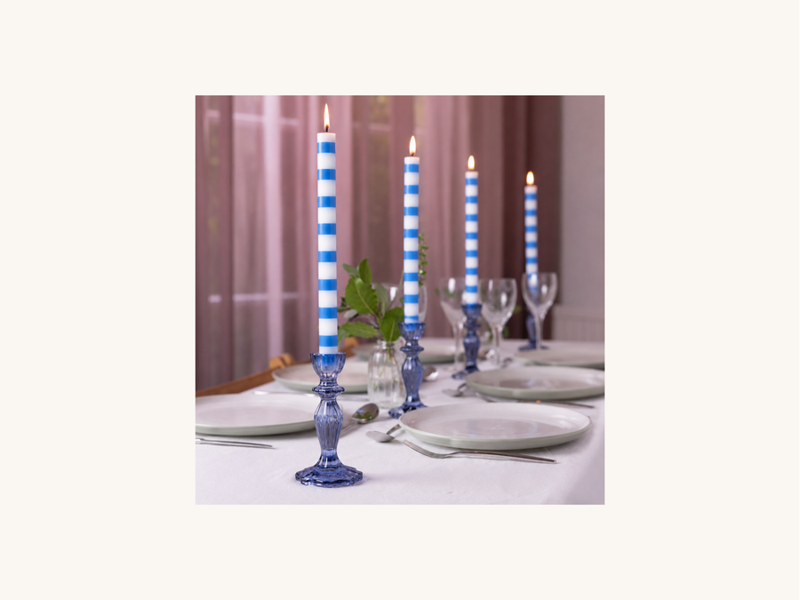 Pair of Blue Stripe Taper Candles