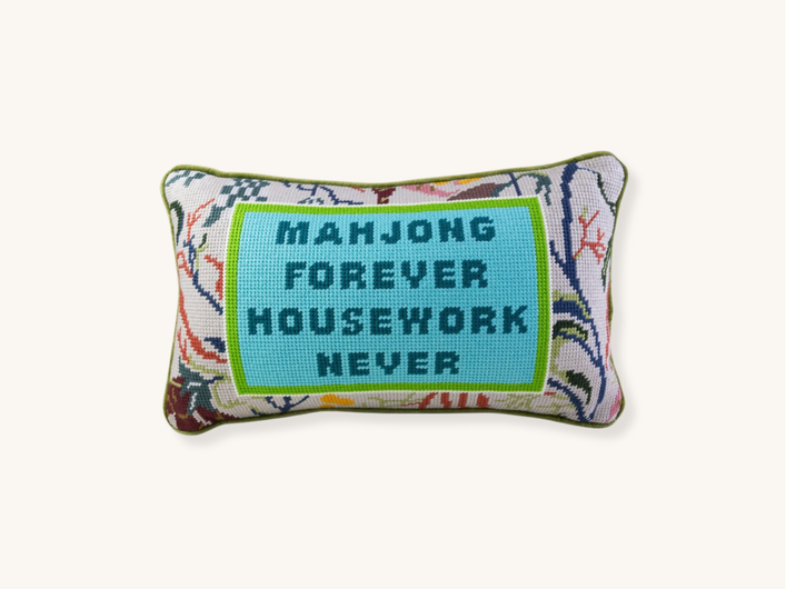 Mahjong Forever Housework Never Needlepoint Pillow