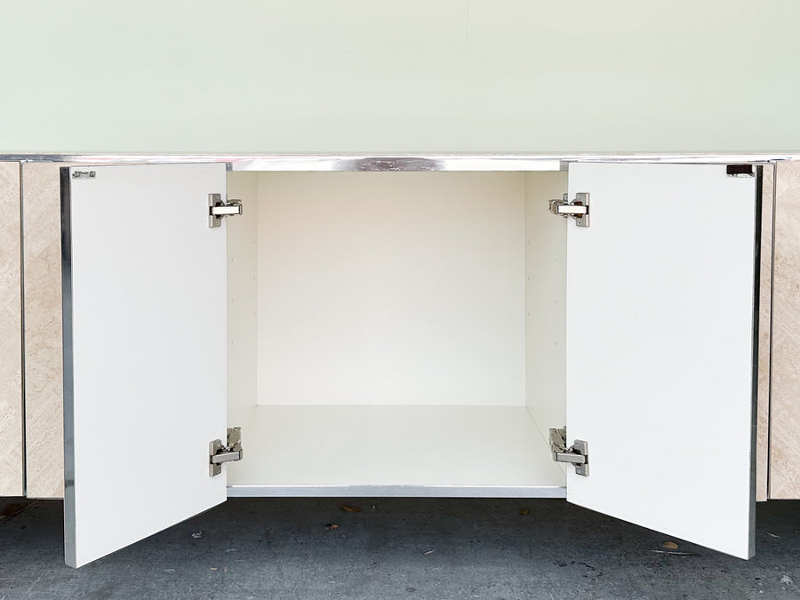 Chrome and Herringbone Travertine Credenza