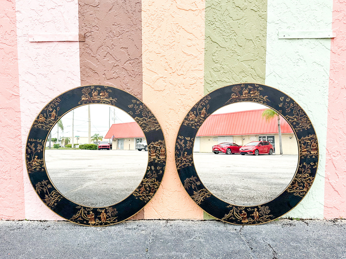 Pair of Chinoiserie Chic Round Mirrors