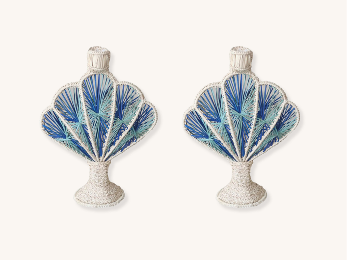 Pair of Blue Seashell Raffia Candle Holders