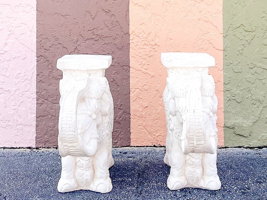 Pair of Plaster Trunks Up White Elephants