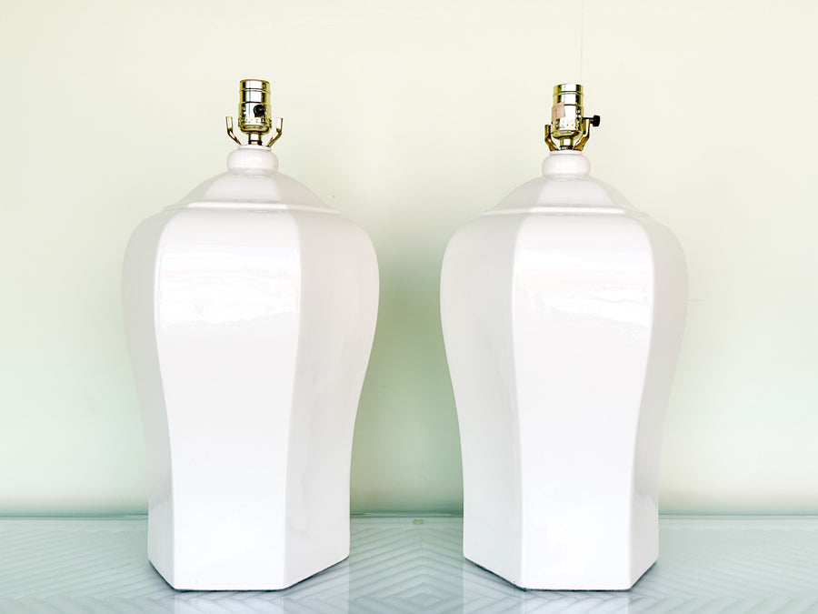 Pair of Large White Ginger Jar Lamps