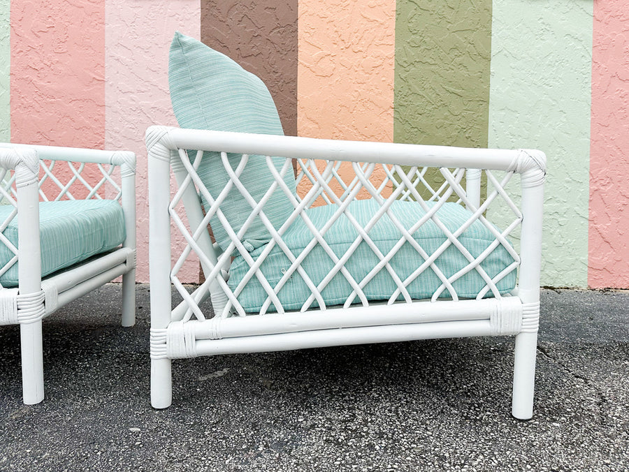 Pair of Palm Beach Style Rattan Lounge Chairs