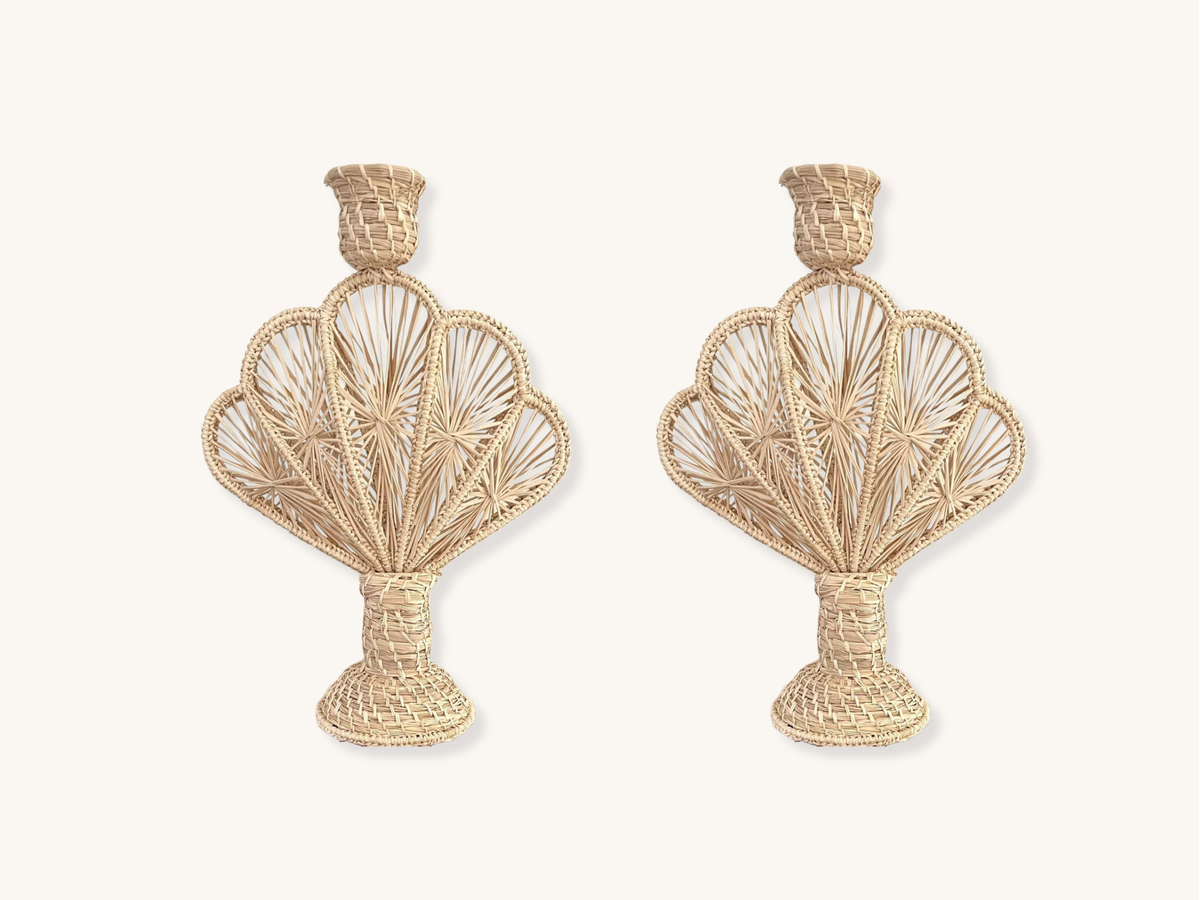 Pair of Natural Seashell Raffia Candle Holders