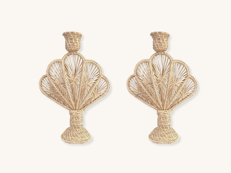 Pair of Natural Seashell Raffia Candle Holders
