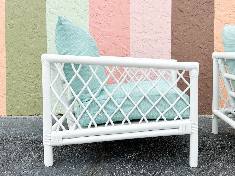 Pair of Palm Beach Style Rattan Lounge Chairs