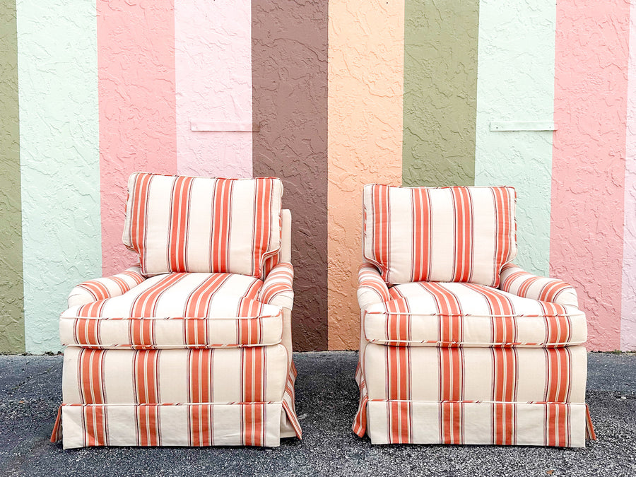 Pair of Striped Upholstered Swivel Chairs