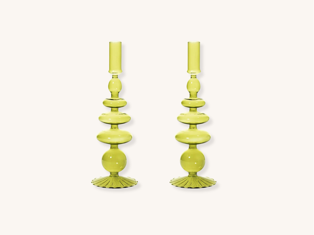 Pair of Pear Green Glass Candle Holders