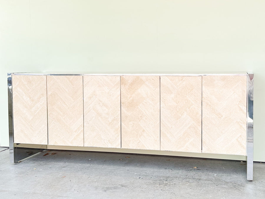 Chrome and Herringbone Travertine Credenza