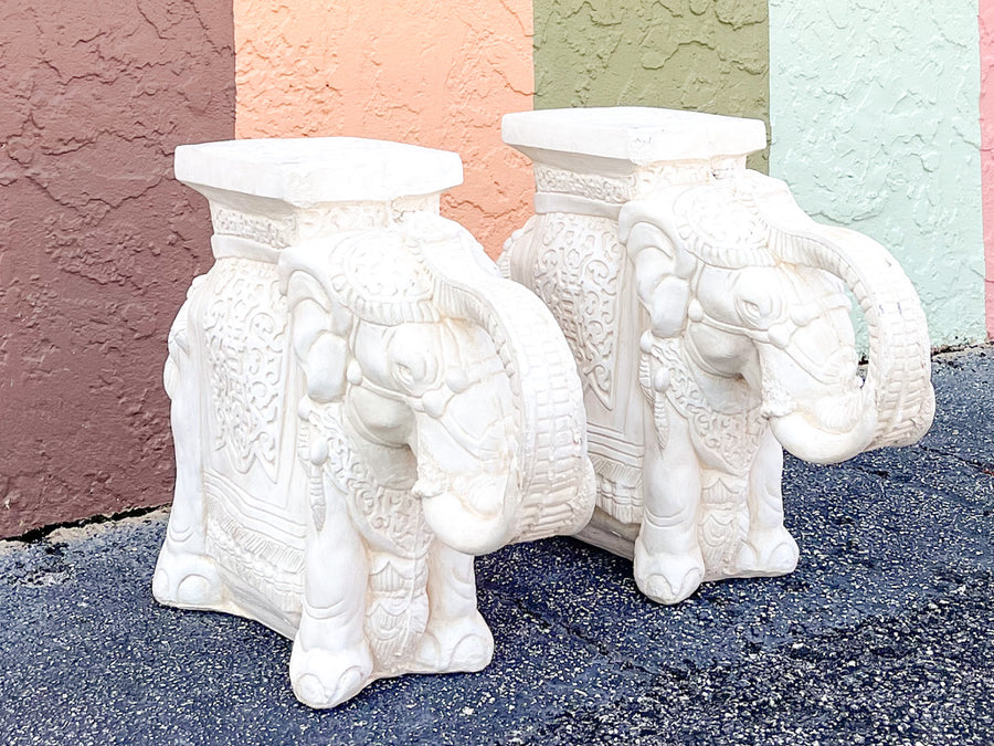 Pair of Plaster Trunks Up White Elephants