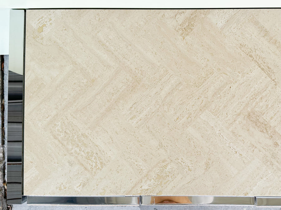 Chrome and Herringbone Travertine Credenza