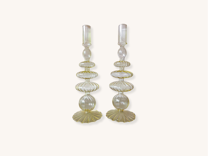 Pair of Buttercream Yellow Ribbed Candle Holders