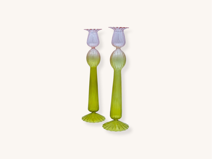 Pair of Tall Bergamot and Rose Glass Candle Holders