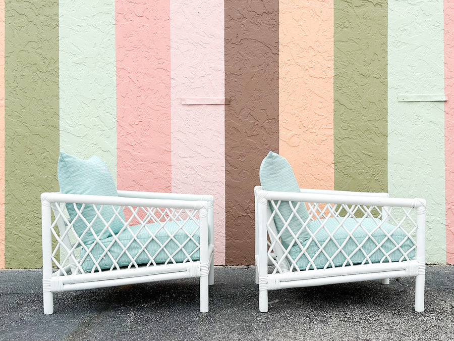 Pair of Palm Beach Style Rattan Lounge Chairs