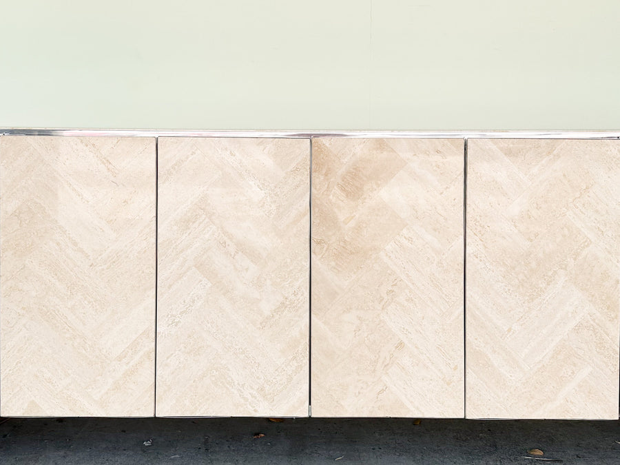 Chrome and Herringbone Travertine Credenza