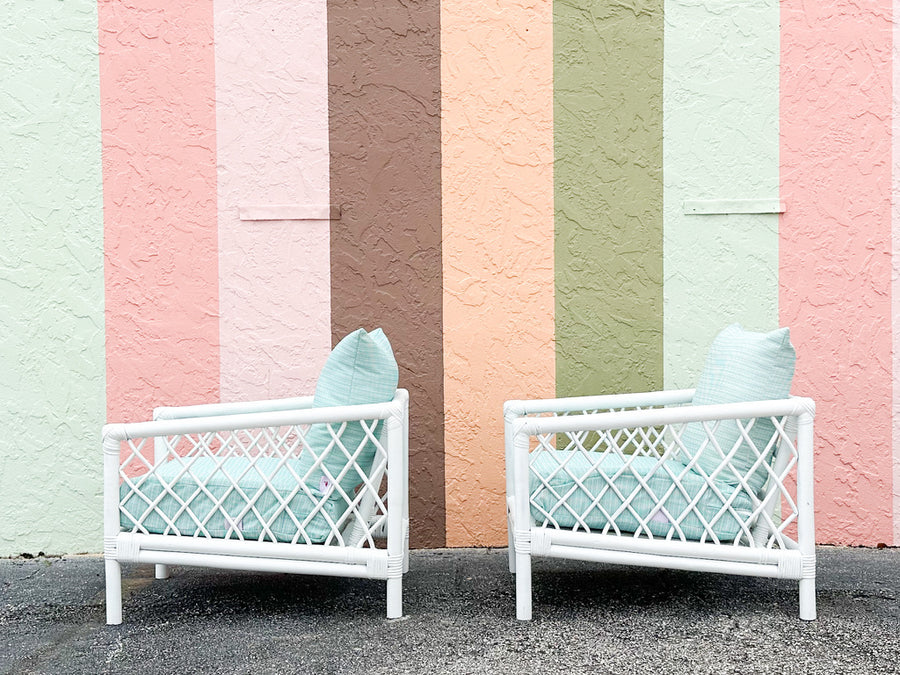 Pair of Palm Beach Style Rattan Lounge Chairs