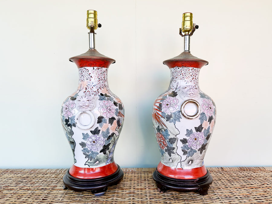 Pair of Colorful Chinoiserie Lion Lamps