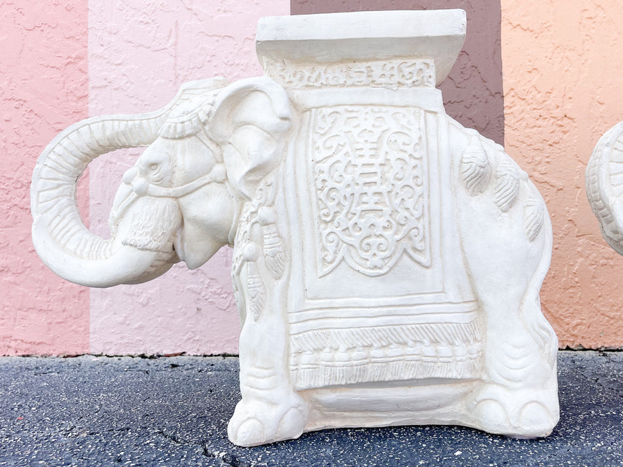 Pair of Plaster Trunks Up White Elephants