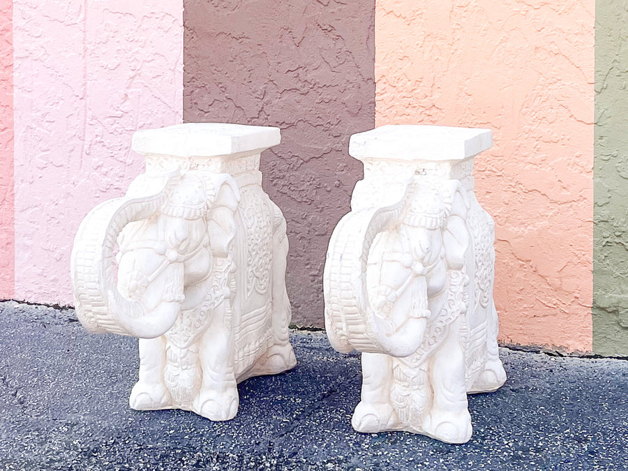 Pair of Plaster Trunks Up White Elephants