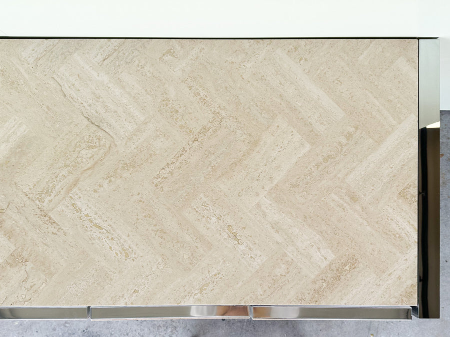 Chrome and Herringbone Travertine Credenza