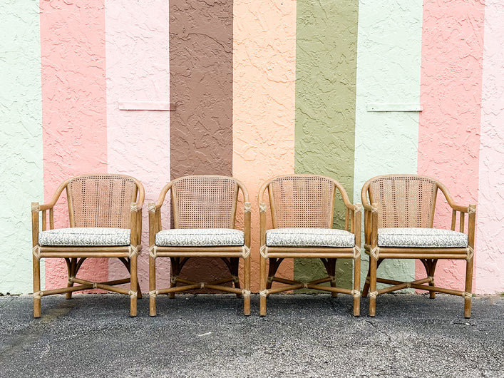 Set of Four Rattan and Cane McGuire Arm Chairs