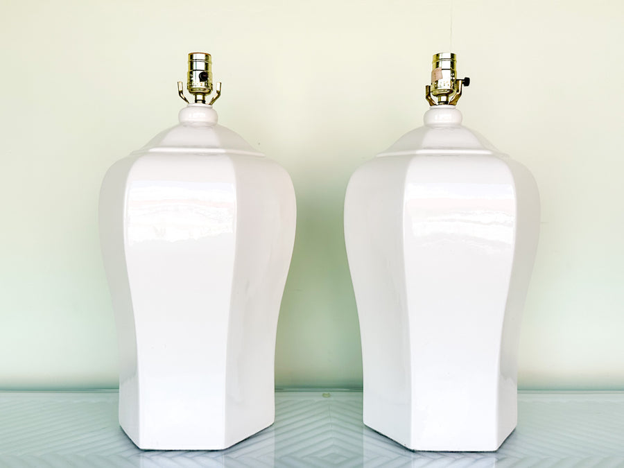 Pair of Large White Ginger Jar Lamps