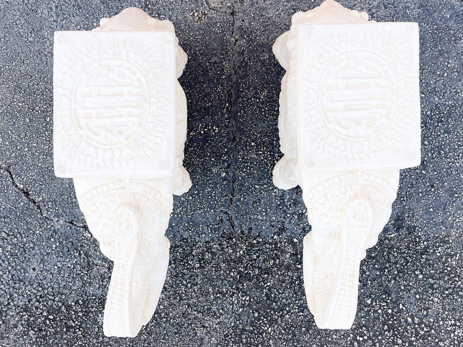 Pair of Plaster Trunks Up White Elephants