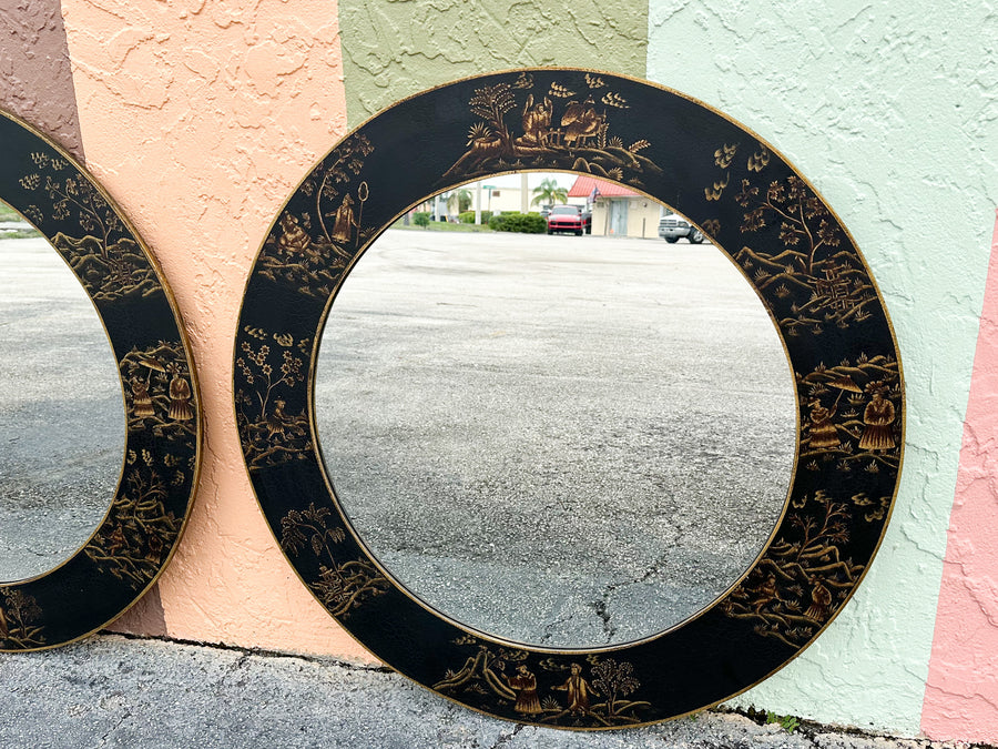 Pair of Chinoiserie Chic Round Mirrors