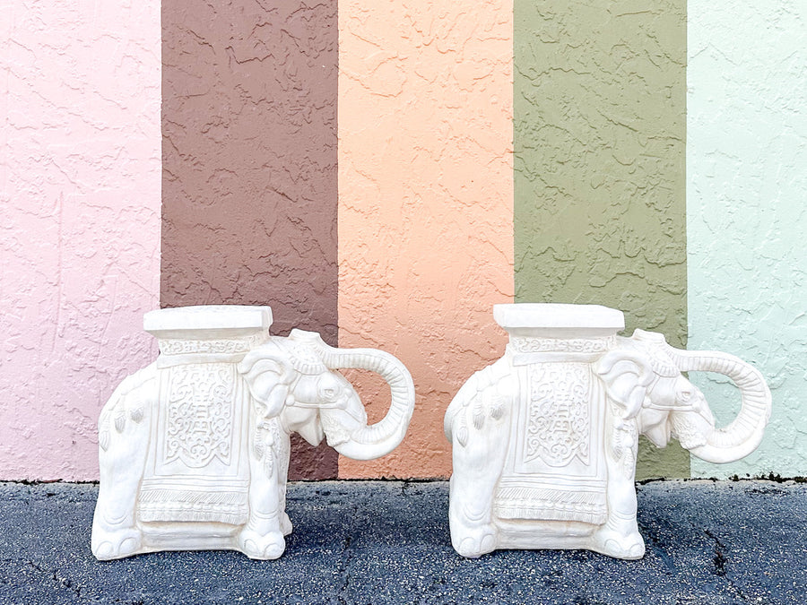 Pair of Plaster Trunks Up White Elephants