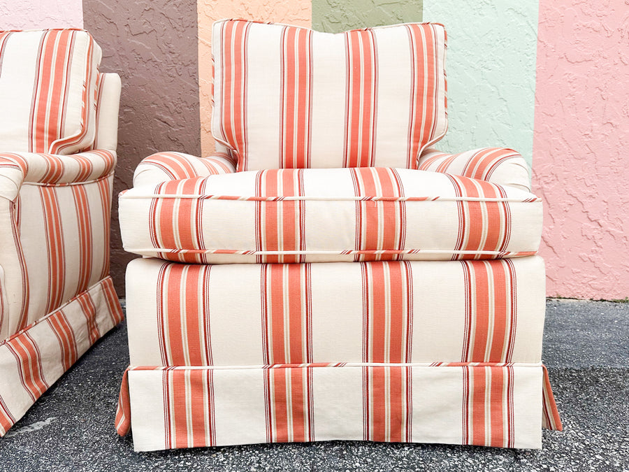 Pair of Striped Upholstered Swivel Chairs