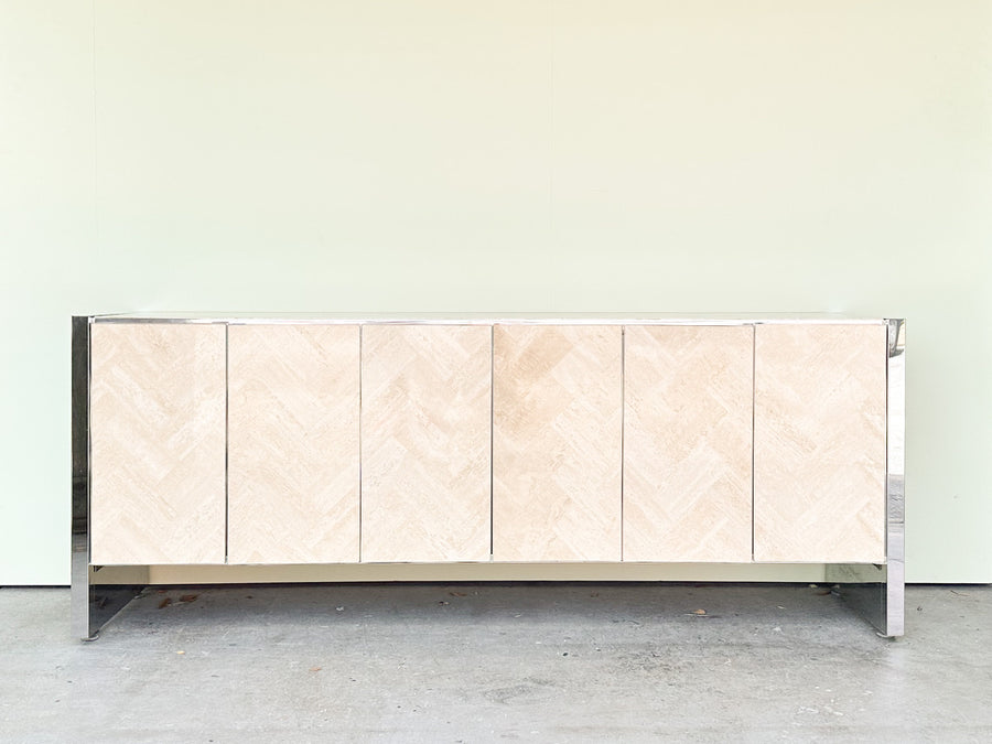 Chrome and Herringbone Travertine Credenza