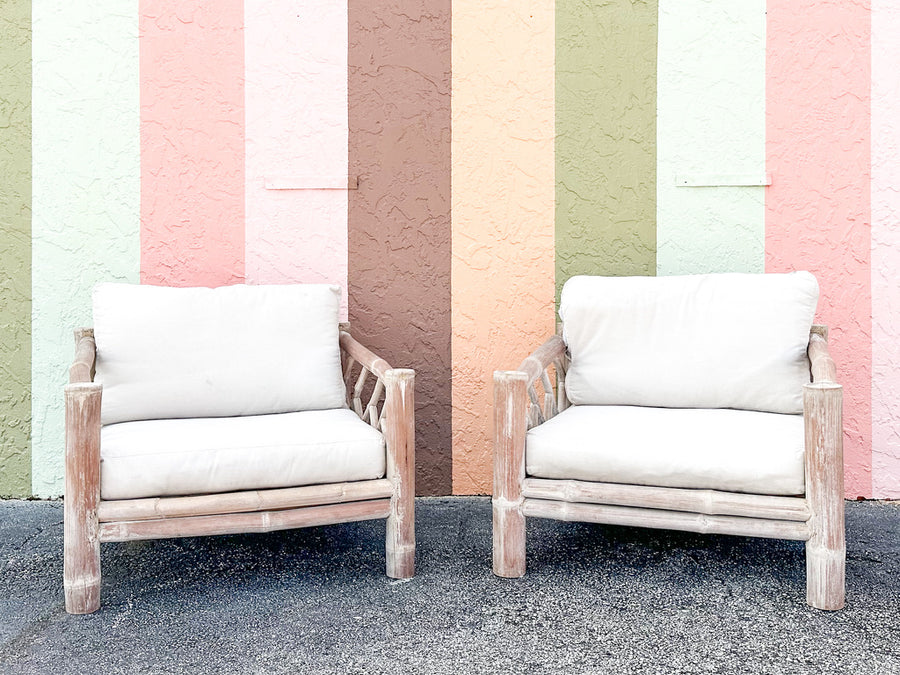 Pair of Coastal Elephant Bamboo Lounge Chairs