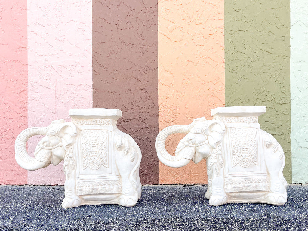 Pair of Plaster Trunks Up White Elephants