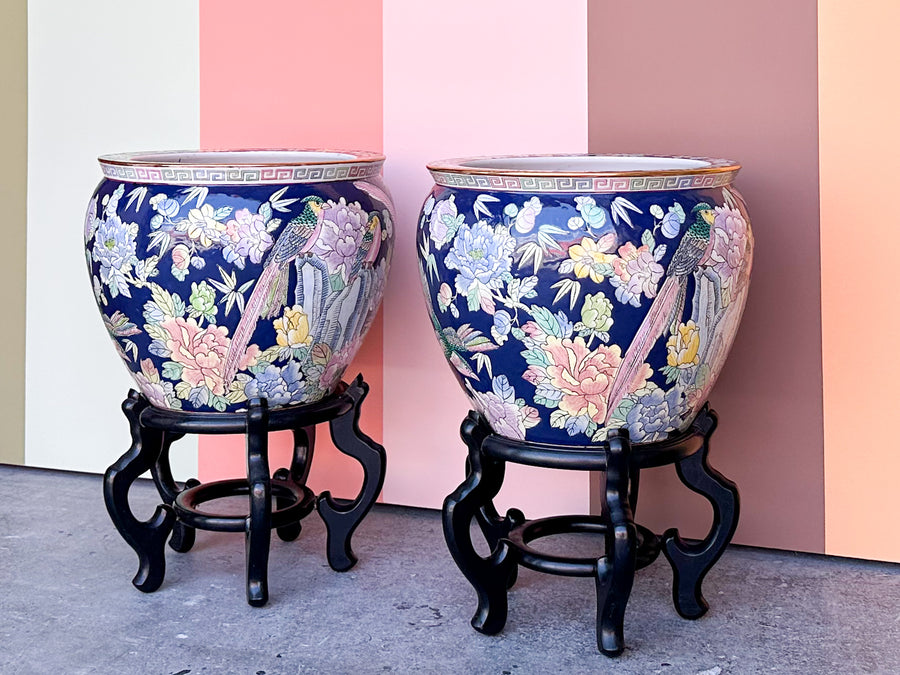 Pair of Large Navy Floral Cachepots
