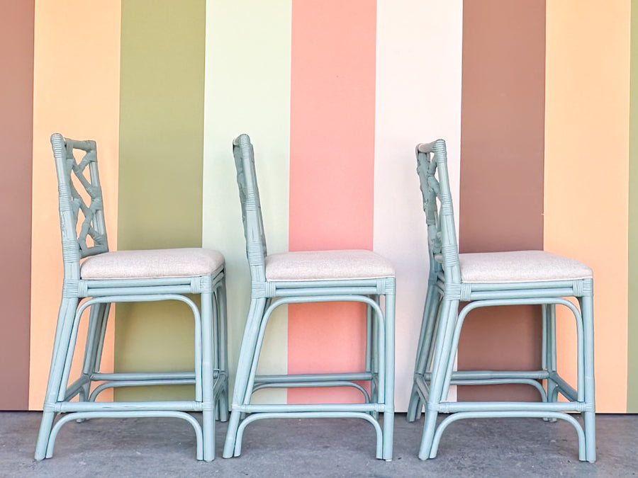 Set of Three Chippendale Rattan Counter Stools