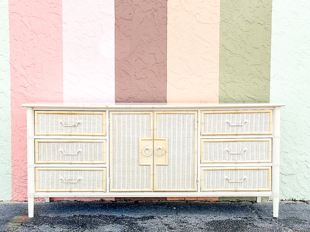 Yellow and White Faux Bamboo and Rattan Dresser Yellow and White Faux Bamboo and Rattan Dresser
