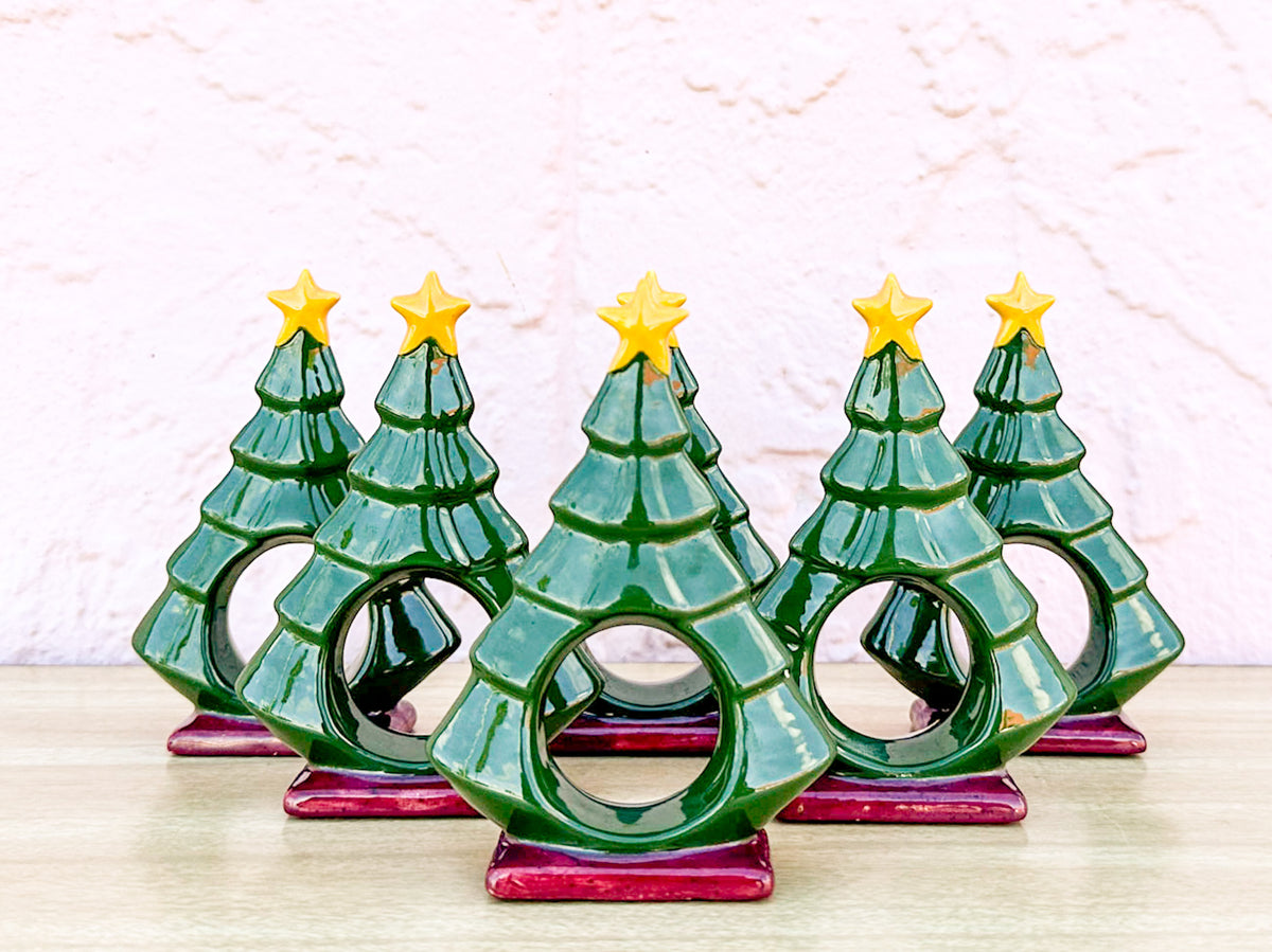 Set of Six Ceramic Christmas Tree Napkin Rings