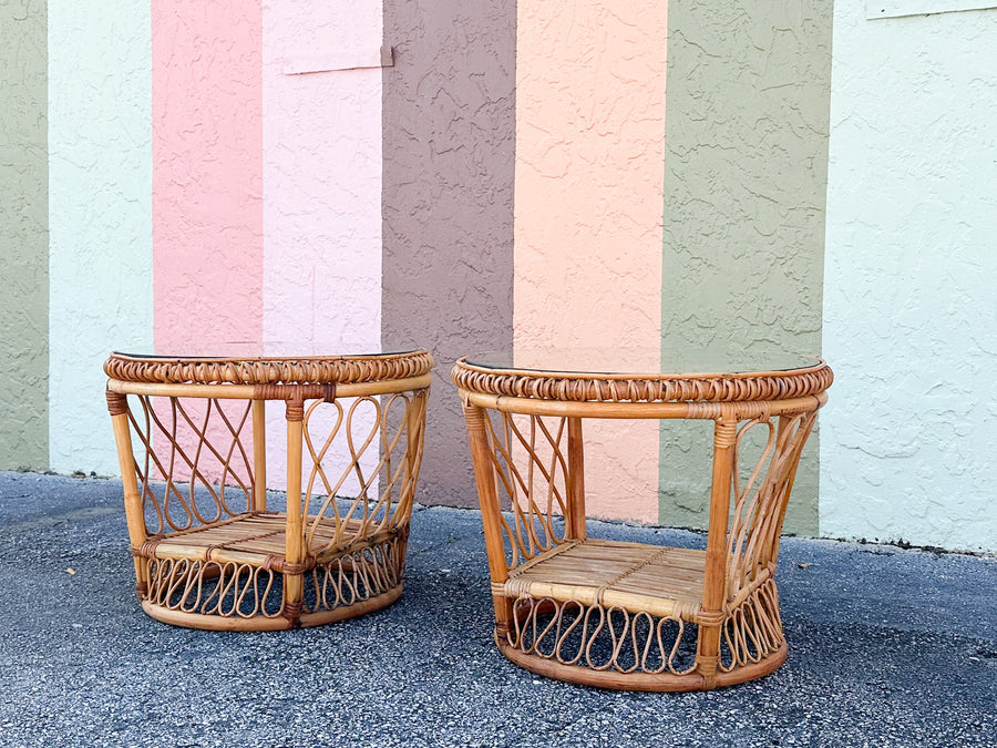 Pair of Coastal Rattan Side Tables